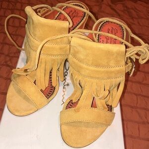 Santoni Yellow Suede Fringe Lace Up Sandals